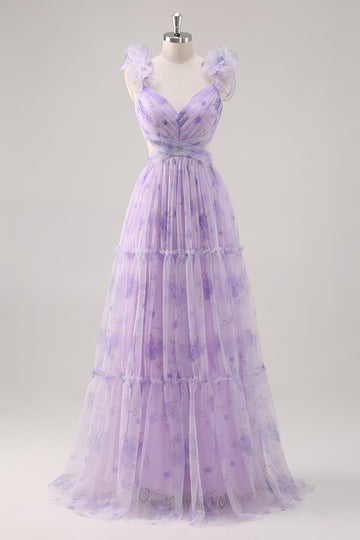 Lavender Flower A Line Cut Out Pleated Long Bridesmaid Dress